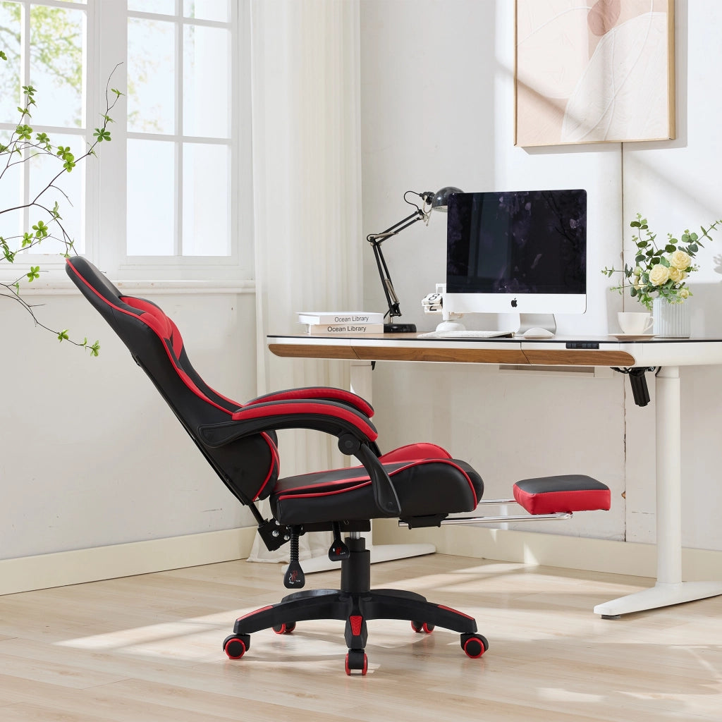 Sedia Gaming Ergonomica Girevole ¨C MINIMAL ¨C Ecopelle Nero e Rosso, Poggiatesta, Schienale Alto