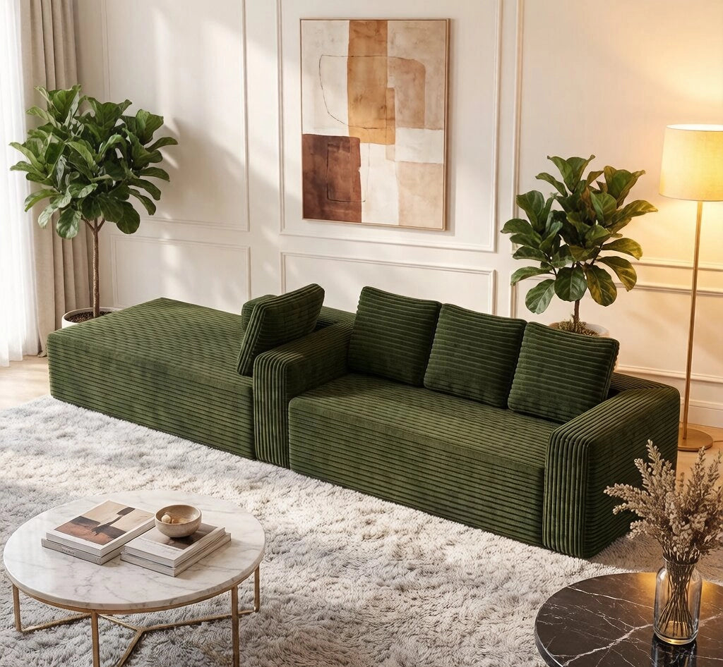 Divano modulare a L con chaise longue reversibile; verde; 104x36x36 cm