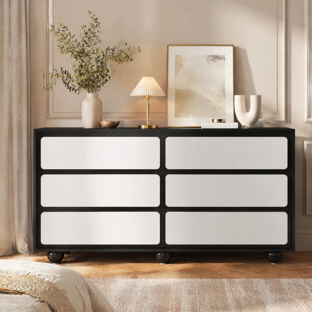 Comò 6 cassetti 140 × 38 × 74,5 cm, Bianco/Nero, in pannello di legno