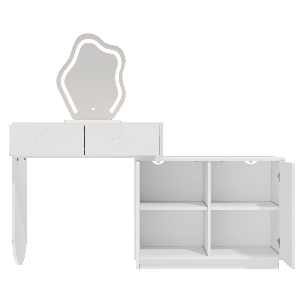 Toeletta con specchio LED a illuminazione regolabile, due cassetti, vani contenitori modulari e cassettiera bianca in stile moderno