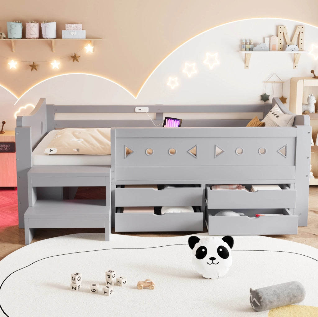 Letto singolo per bambini 90x200 cm con LED e cassetti grigio