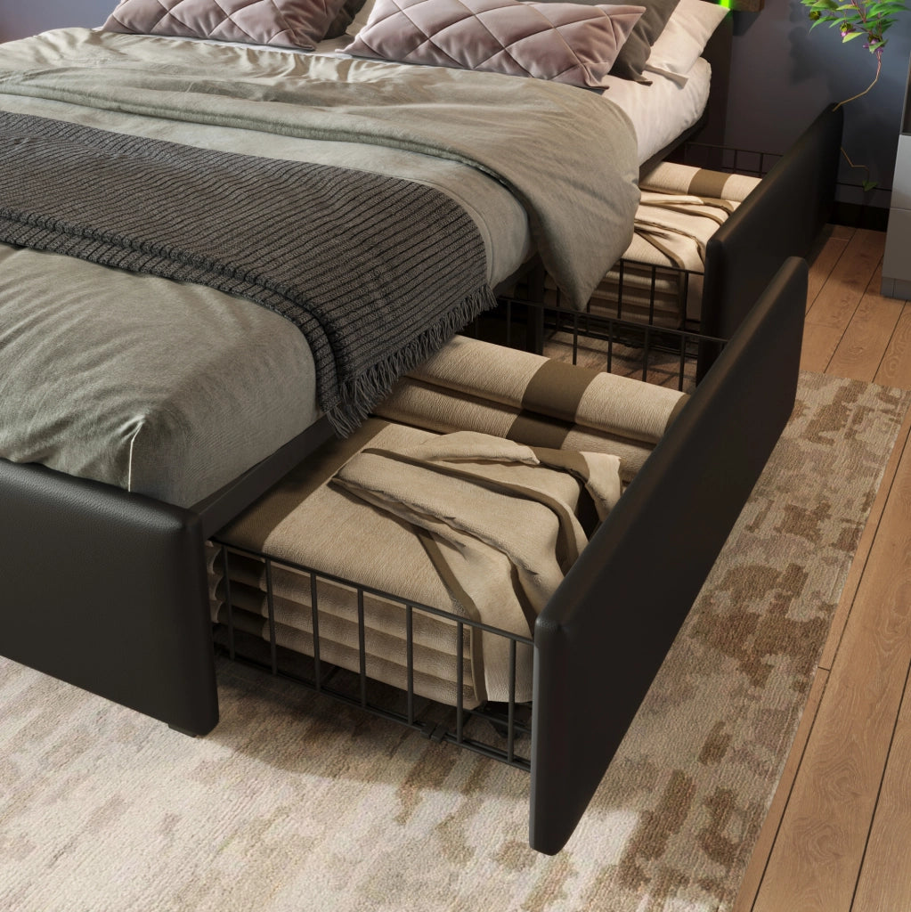 Letto singolo imbottito 90x200 cm in PU nero con LED; testiera regolabile e 4 cassetti