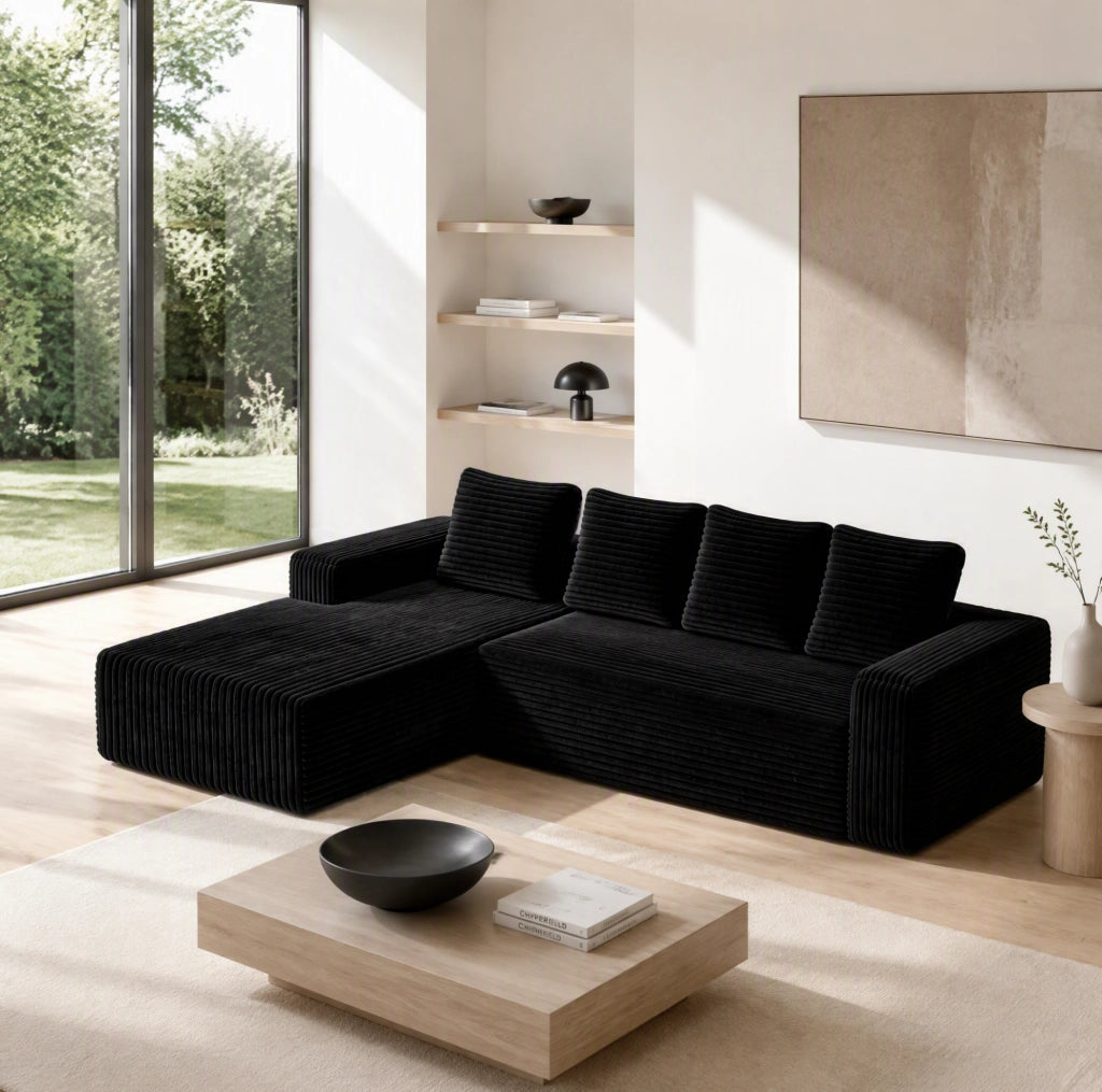 Divano modulare componibile a L con chaise longue reversibile; in velluto a coste nero