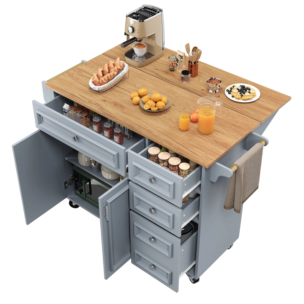 Carrello da Cucina con Cassetti e Ripiani Regolabili; Piano Ribaltabile; per Cucina; in MDF; Azzurro
