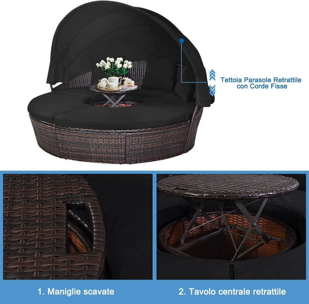 Letto Isola da Giardino, Divano Prendisole con Tettuccio Retrattile, con Sedili Cuscini Impermeabili Sfoderabili, Tavolino Regolabile in Altezza (Nero)