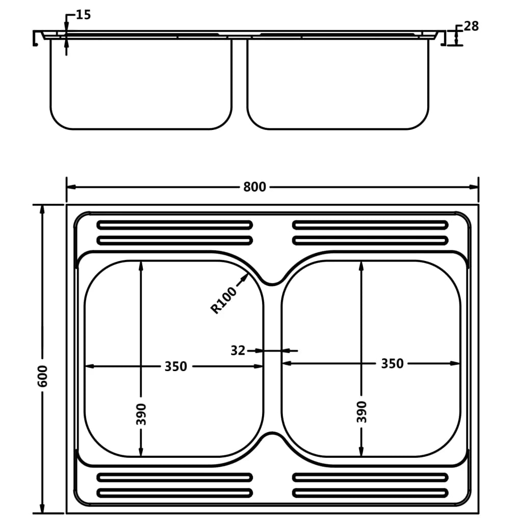 Lavello da cucina a doppia vasca 800x600x155 mm acciaio inox argento 02_0002430