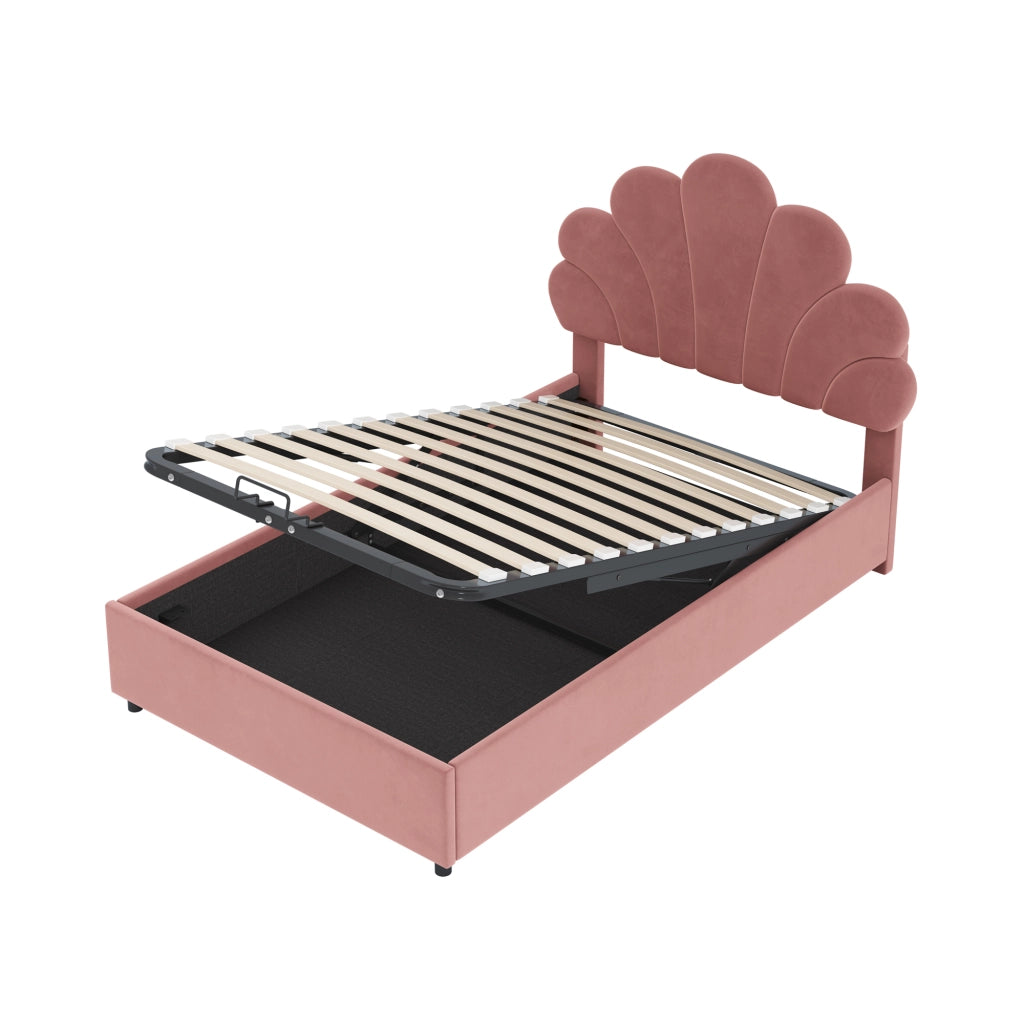 Letti contenitori 90x200 cm; con contenitore e testiera decorativa; velluto rosa (Senza materasso)