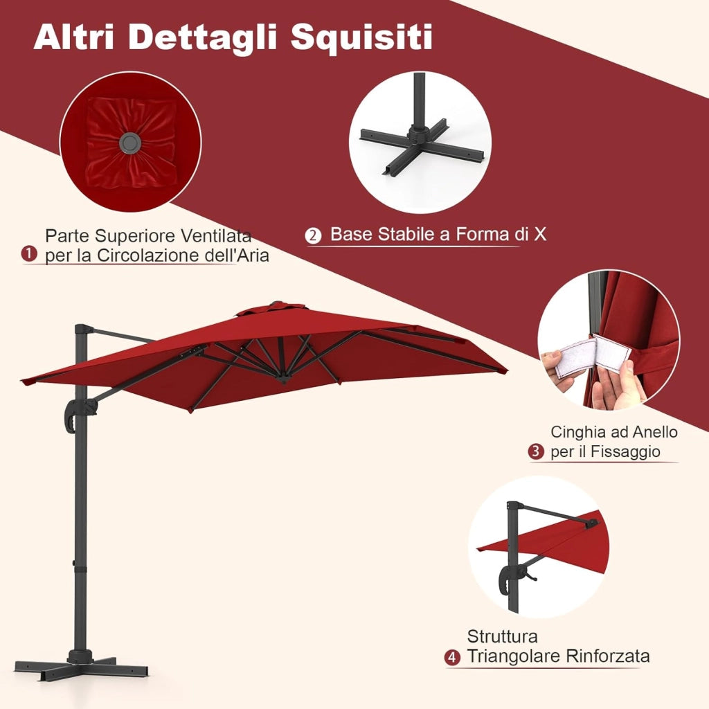 Ombrellone da Giardino 245 cm con Base, Ombrellone da Esterno Rotante a 360°, 5 Posizioni di Inclinazione Regolabili, 8 Stecche, Manovella, Palo in Alluminio, per Giardino Patio (Rosso)