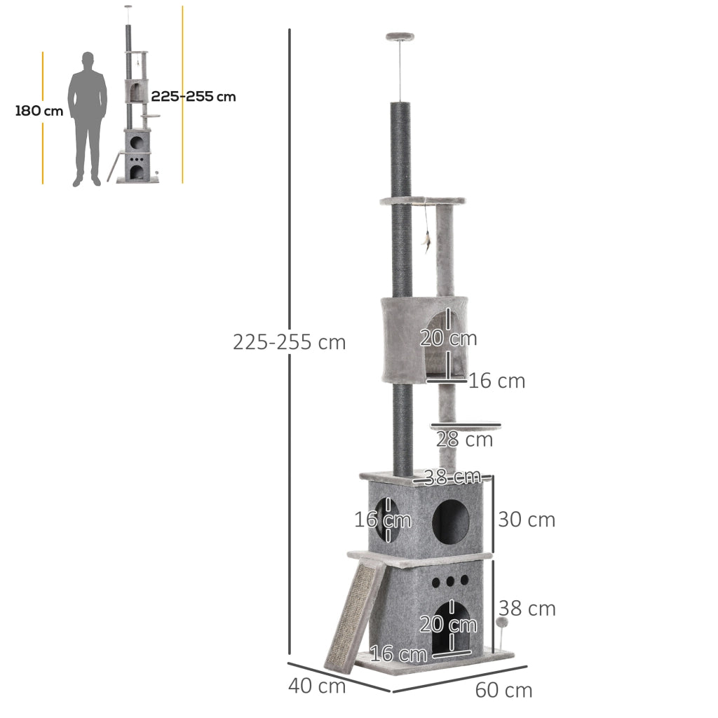 Torre tiragraffi per gatti con 6 livelli e 3 ripiani ¨C zephmum ¨C 225-255 cm regolabile in altezza grigio chiaro