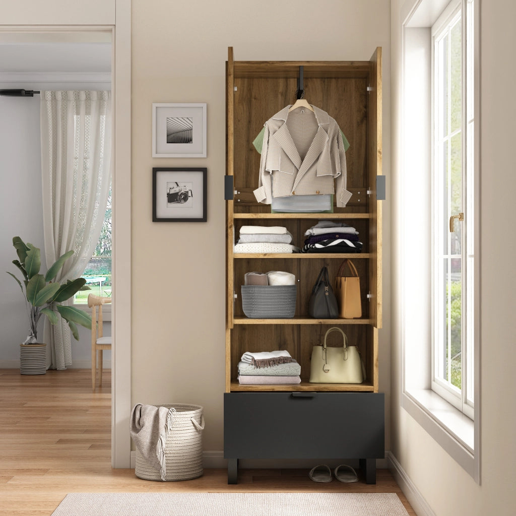 Mobile Ingresso con Scarpiera 180x65x38 cm Guardaroba con Asta Appendiabiti Rovere e Nero