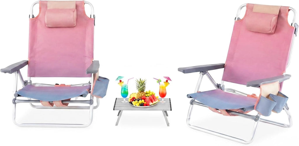 Set di 2 Sedie e Tavolino da Spiaggia Pieghevole, Schienale Regolabile a 5 Livelli, con Portatesta, Borsa Portaoggetti, Borsa Termica, per Campeggio Picnic Esterno (Rosa Chiaro, Modello 2)