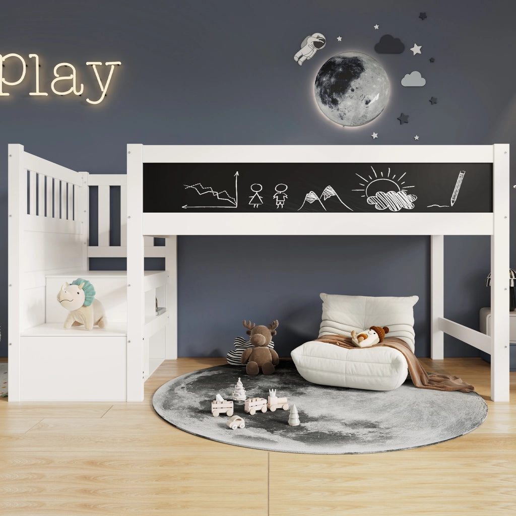 Letto a soppalco per bambini 90 x 200 cm con scala contenitore, lavagna e sponde di sicurezza, bianco