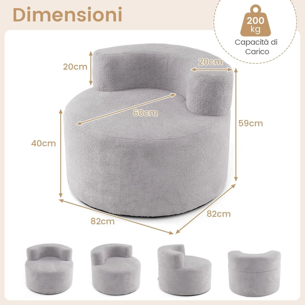 Poltrona Pouf a Sacco, Divano da Pavimento a Forma di Luna con Morbido Tessuto, Spugna ad Alta Resilienza e Schienale Curvo, Divano Rotondo per Salotto, Camera da Letto e Soggiorno (Grigio)