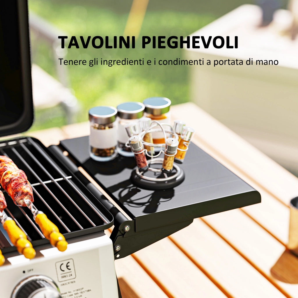 Barbecue a Gas Portatile con 2 Bruciatori e Coperchio con Termometro, Nero