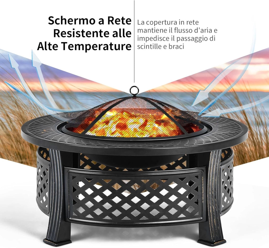 Braciere da Giardino, 3 in 1 Braciere da Esterno con Copertura Protettiva, Copertura Antipioggia e Attizzatoio, Diametro: 50 cm, per Campeggio, Cortile, Patio