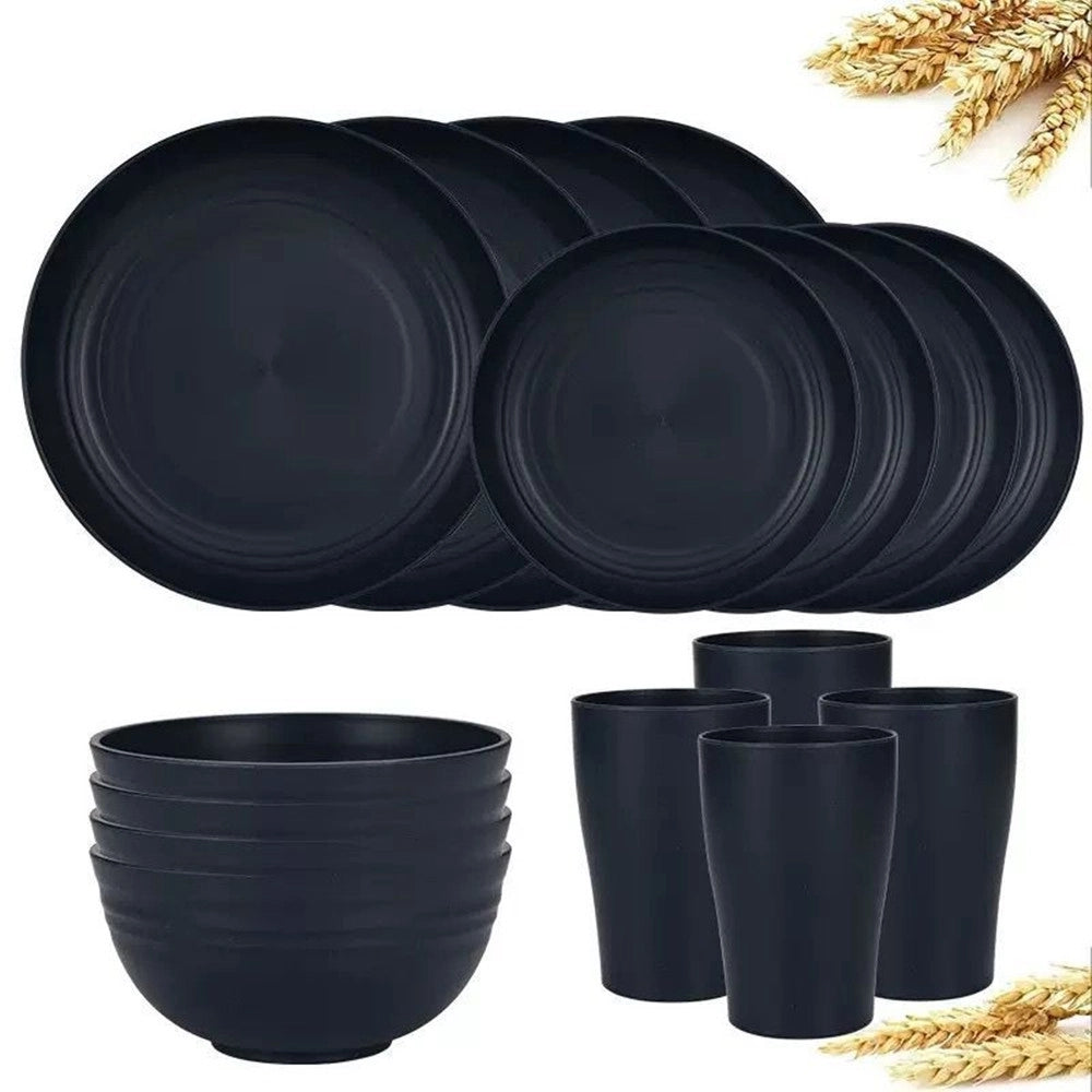 Trade Shop - Set Da 16pz Stoviglie In Paglia Di Grano Ciotole Piatti Infrangibili Posate Riutilizzabili -