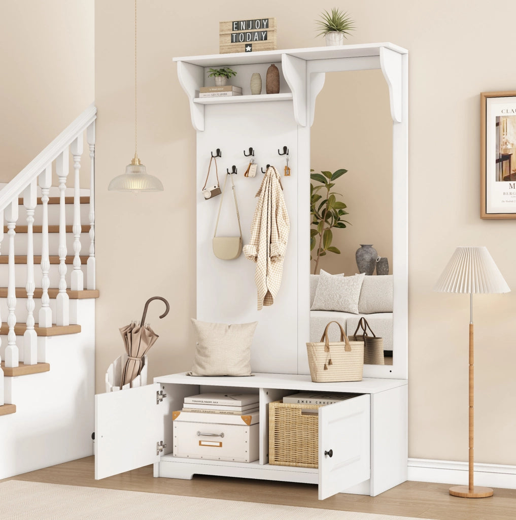 Mobile da ingresso 100x40x180 cm con specchio, 5 ganci e 2 armadietti in MDF bianco