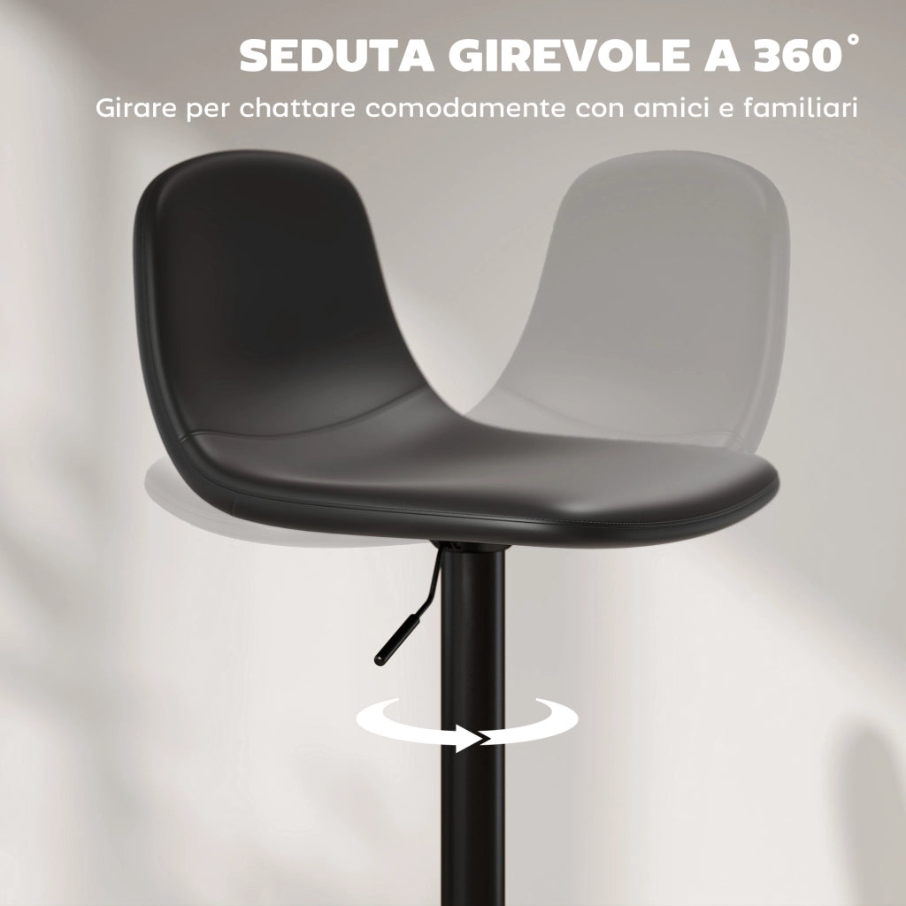 Set 2 Sgabelli da Bar con Schienale e Poggiapiedi, Altezza Regolabile, Pelle PU e Imbottitura, Nero