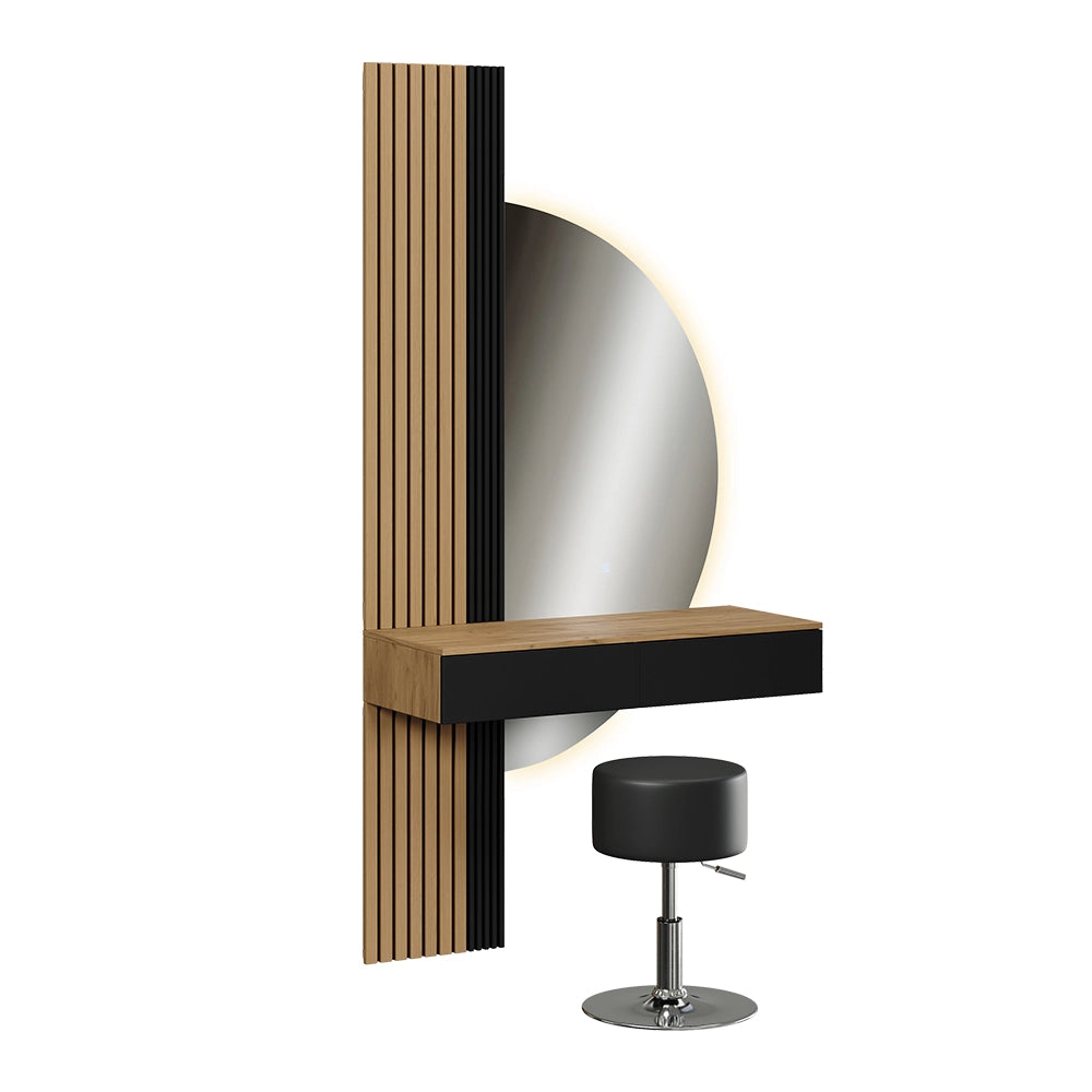 Vicco Tavolo da toeletta Quercia/nero 100 cm con specchio LED e sgabello
