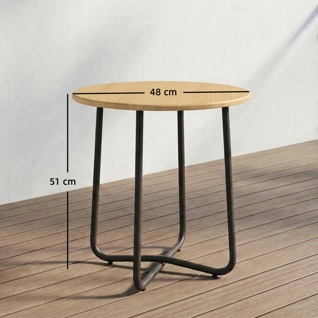 Tavolino da Giardino Rotondo in Metallo. per Balcone e Terrazzo. ?48x51 cm. Effetto Legno Naturale