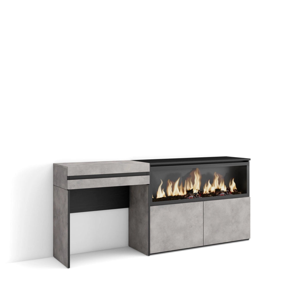 Tavolo da toeletta, 177x35x75cm, Con cassetto, Camino elettrico XXL, grigio cemento RF3464
