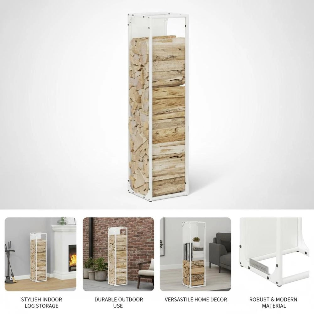 Porta legna bianco, 25x25x100 cm, in acciaio laminato a freddo – robusto e resistente, ideale per esterni, giardino e camino, pratico e durevole