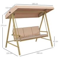 Dondolo 3 Posti con Tettuccio Inclinabile e Cuscini, in Acciaio e Textilene, 200x125x175 cm, Beige e Marrone
