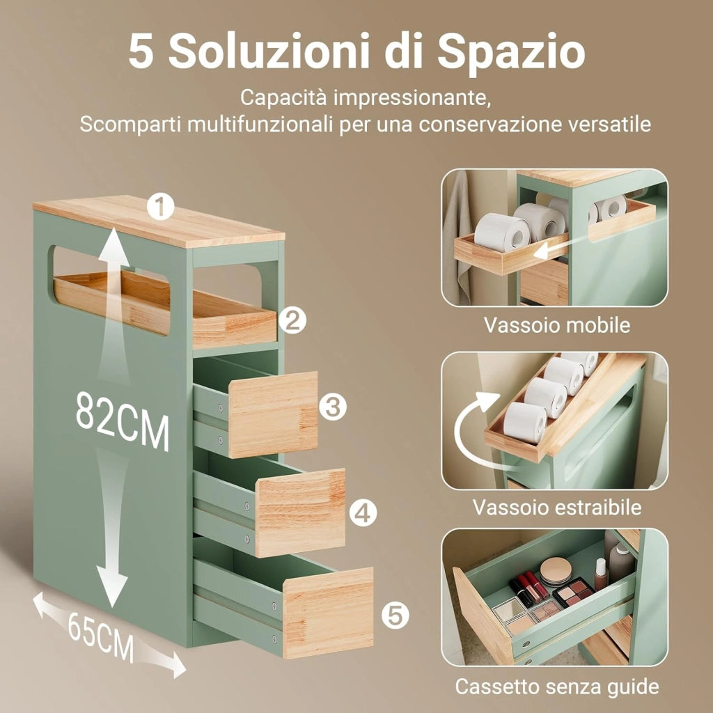Mobiletto Bagno Salvaspazio con Ruote, Mobile Compatto con 3 Cassetti, per WC, Armadietto Bagno in Legno, Facile da Spostare, Verde, 65x24x82cm, BZR54-II-GR