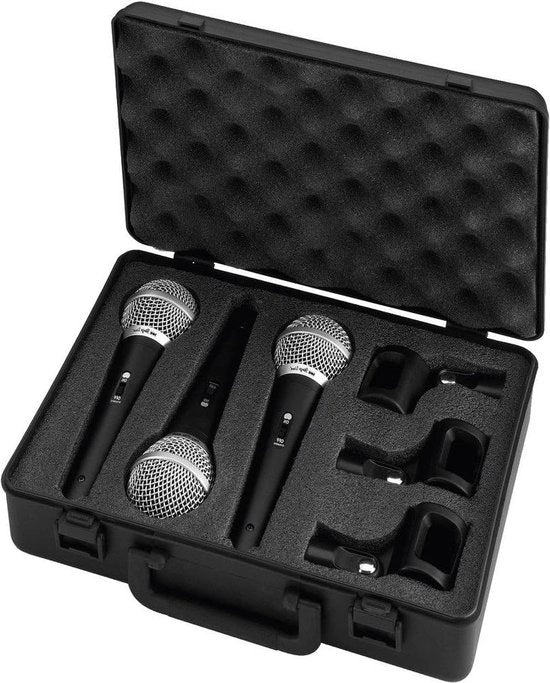 Set di microfoni dinamici da voce - impianto di 3 amplificatori vocali - caratteristica cardioid - inclusa custodia rigida e viti per supporto - nero