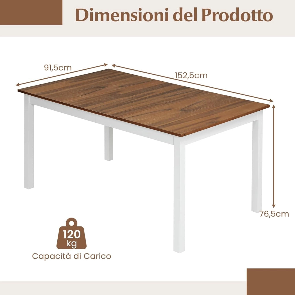 Tavolo da Pranzo per 4-6 Persone, Tavolo Rettangolare in Stile Rustico con Gambe in Legno di Gomma Massello, Tavolino Cucina per Sala da Pranzo e Soggiorno, 152,5 x 91,5 x 76,5 cm
