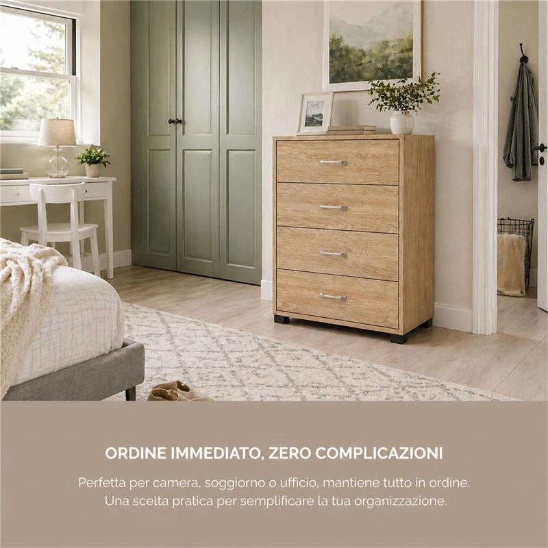 CASSETTIERA IN LEGNO CON QUATTRO CASSETTI COLORE ROVERE DIMENSIONI 50X40X83 CM