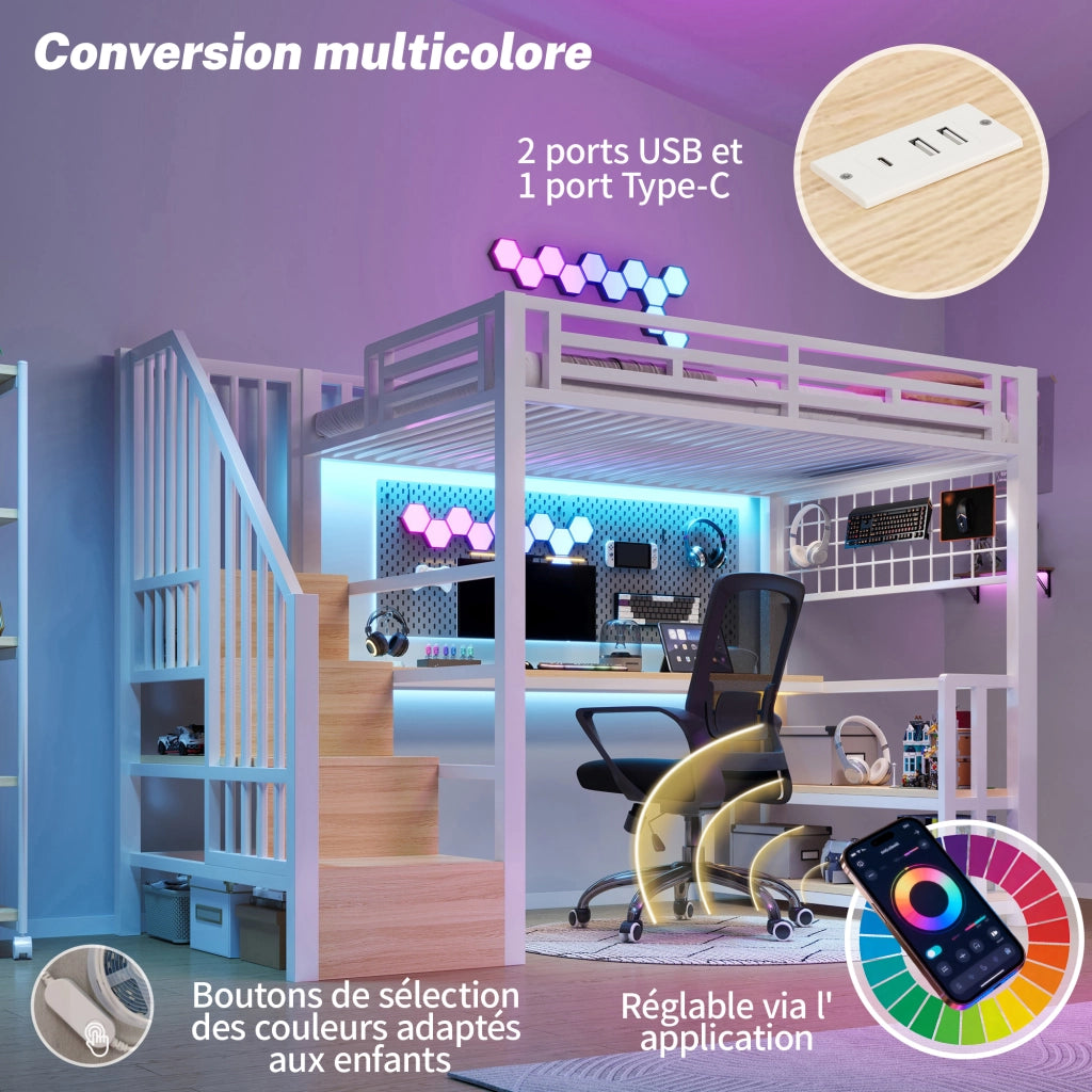 Letto a castello bianco con funzione di scaffale e scrivania in metallo 90x200 cm