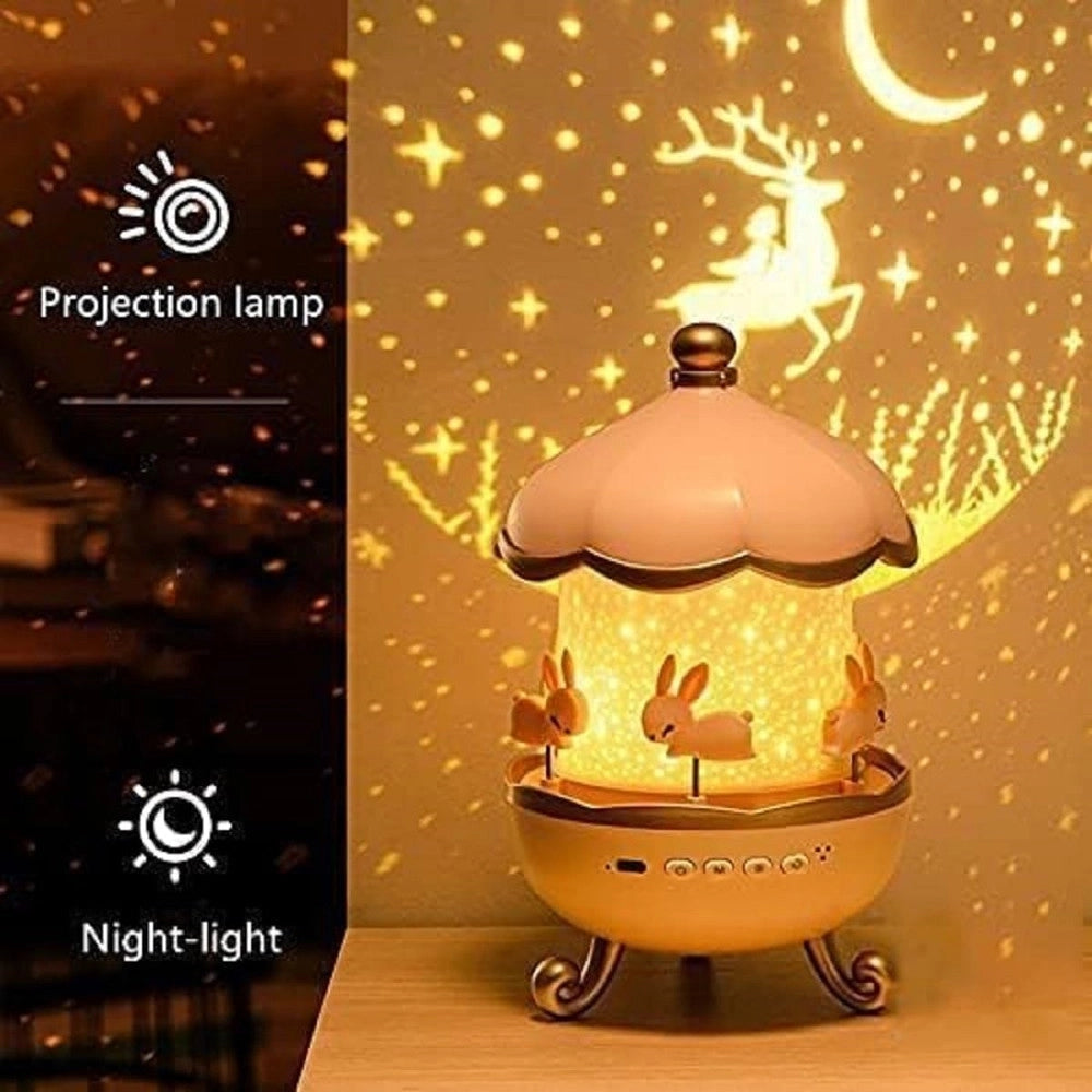 Trade Shop - Luce Notturna Per Bambini Proiettore Cielo Forma Coniglio A Led Con Rotazione Altoparlante -