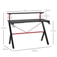 Scrivania da Gaming con Ripiano Monitor, Scrivania per Computer Porta PC con Gancio e Portabicchieri Nera e Rossa, 120x60x97cm