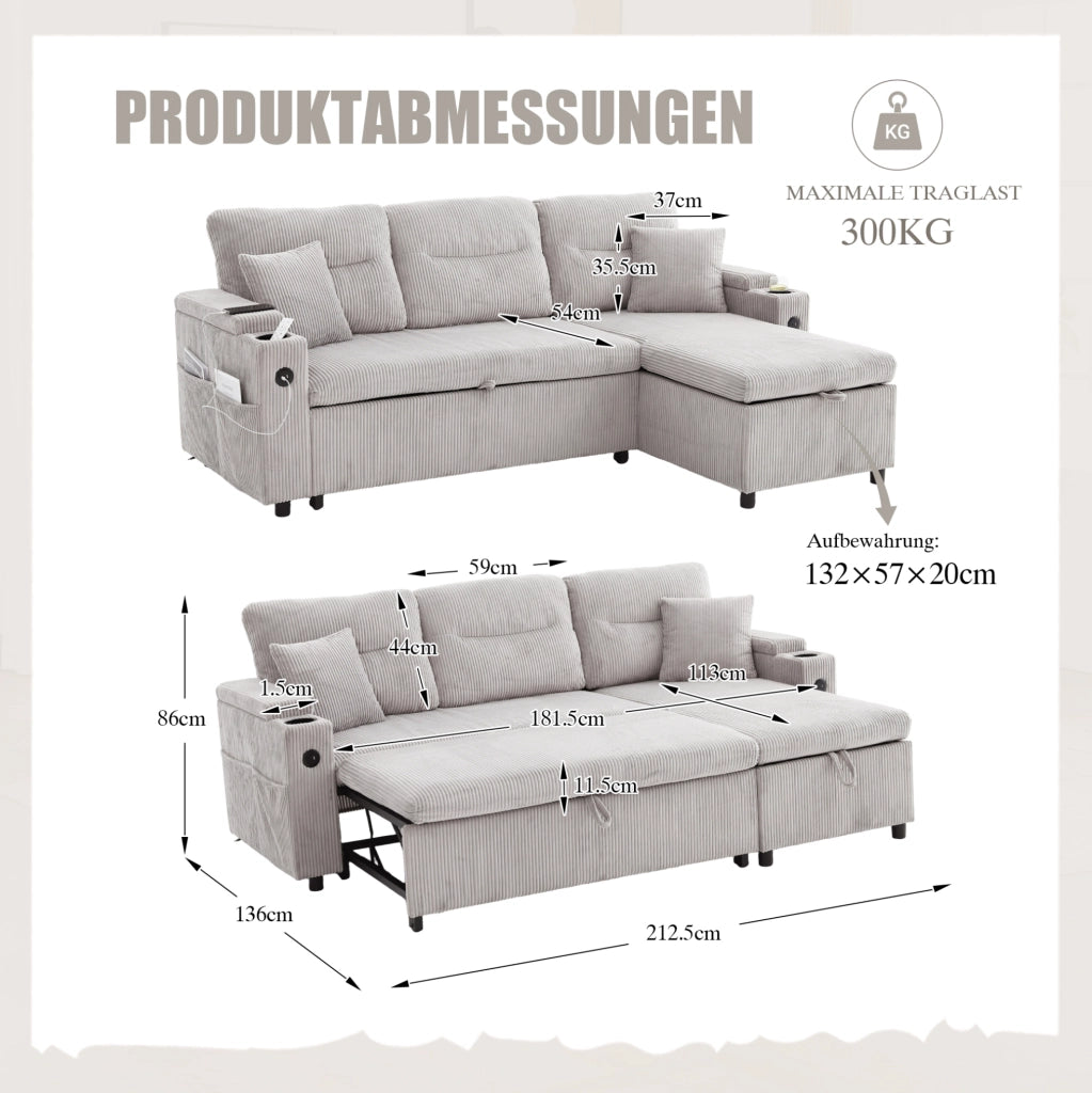 Divano letto 212.5x136x86 cm con chaise longue; letto estraibile e USB-C in corduroy grigio chiaro