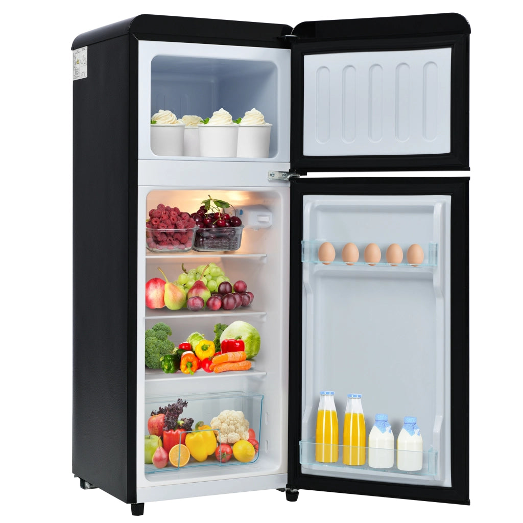 Frigorifero retrò; frigorifero congelatore; volume totale 92L; compartimento congelatore 28L; luce LED; efficiente energetico; nero