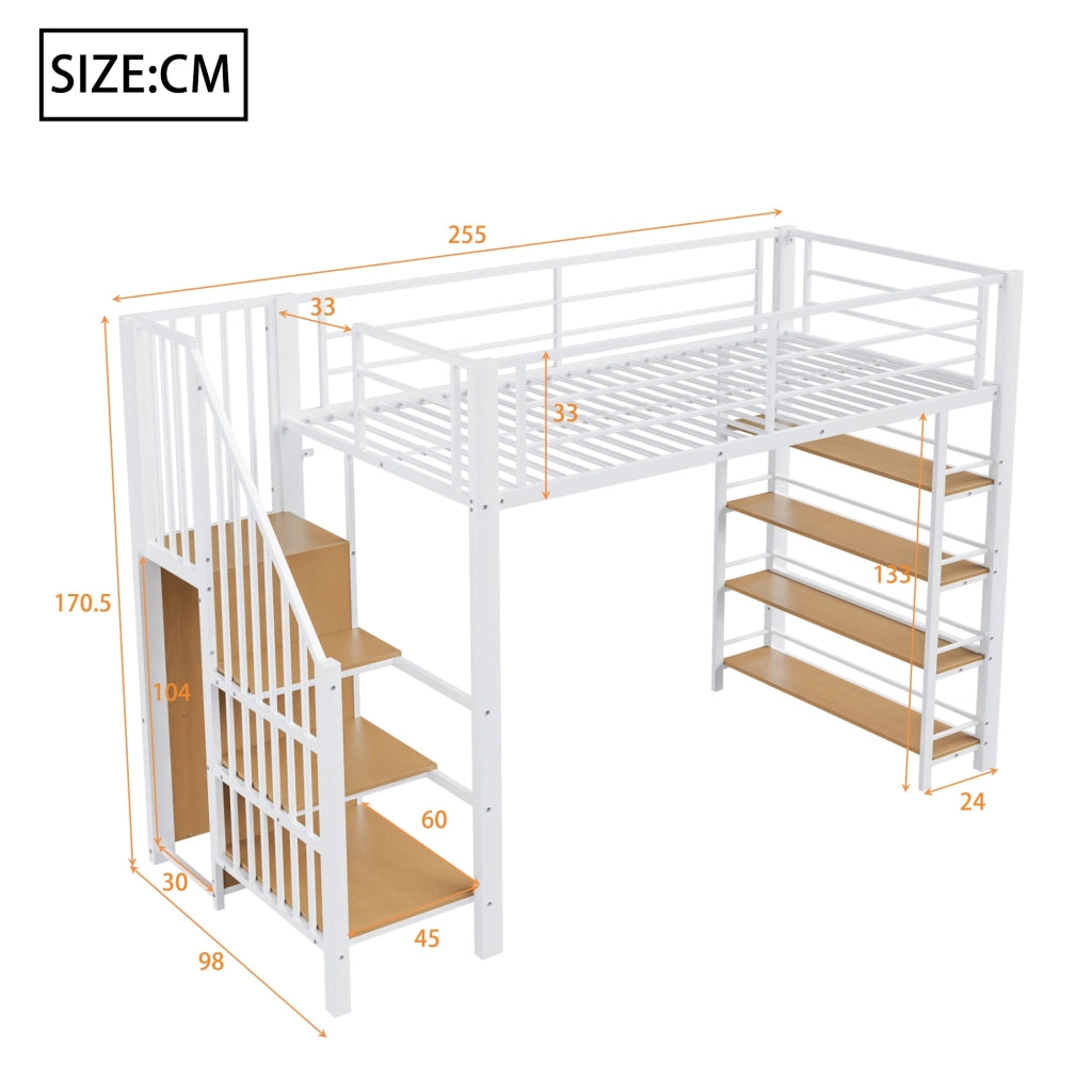 LETTO a soppalco 90x200 cm con scala, armadio e ripiani, metallo bianco