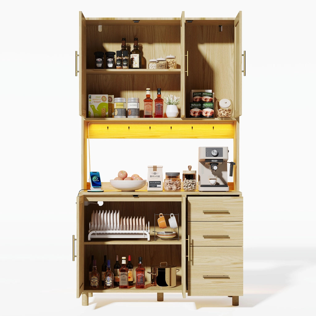 Mobile Dispensa 100x40x183 cm Effetto Legno con LED App; 2 Prese; 2 USB; 3 Cassetti e Ante Rattan