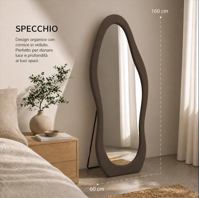 SPECCHIO ONDA IN VELLUTO MARRONE CON PIEDE E GANCI PER APPENDERE MISURE: 60X160 CM