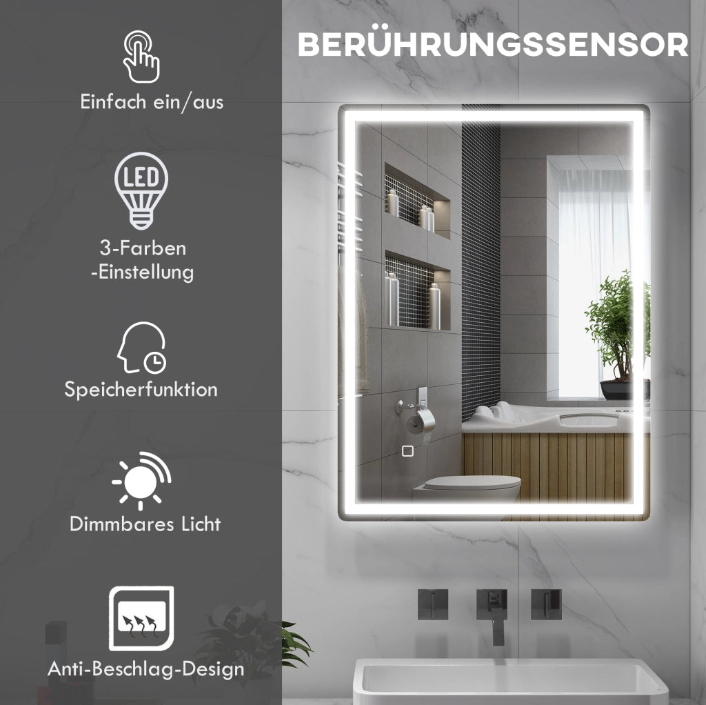 Specchio LED da bagno 60 x 80 cm con touch e antiappannamento
