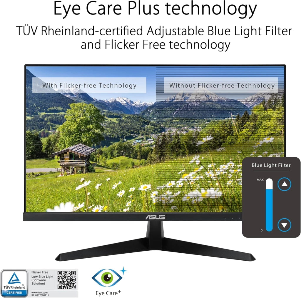 VY279HGE Eye Care Monitor Gaming 27” pollici FHD (1920 x 1080), IPS 144Hz, SmoothMotion, 1ms (MPRT), FreeSync Premium, Tecnologia Eye Care Plus, Filtro Luce Blu, Anti-sfarfallio, Nero