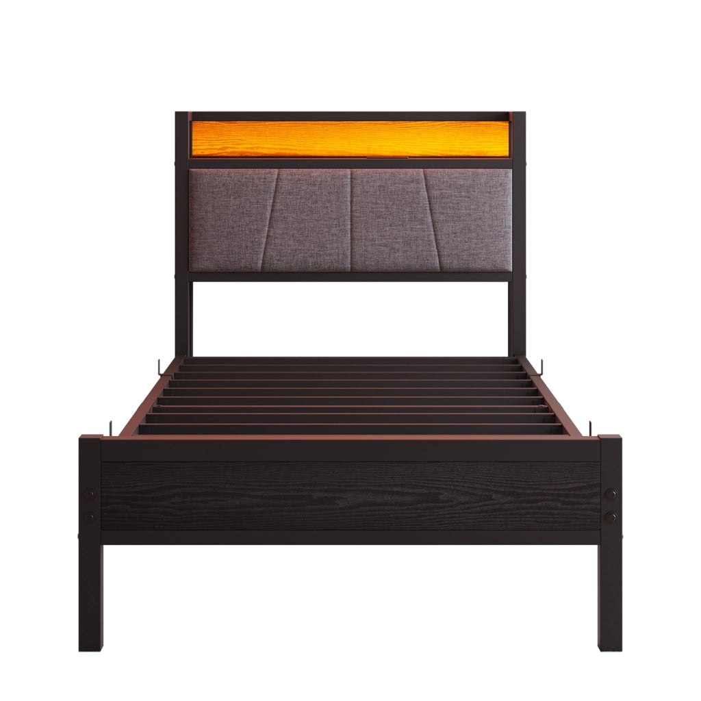 Letto singolo 90×200 cm con LED; testiera contenitore; 2 porte USB e presa; senza materasso; metallo; nero