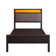 Letto singolo 90×200 cm con LED; testiera contenitore; 2 porte USB e presa; senza materasso; metallo; nero