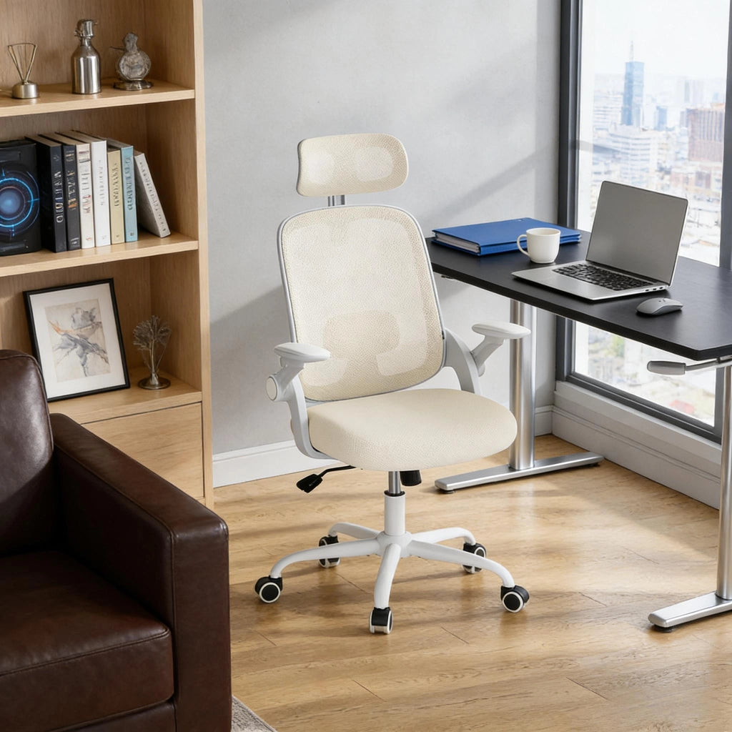 Sedia da ufficio ergonomica con schienale alto, supporto lombare e braccioli 3D in PU, beige
