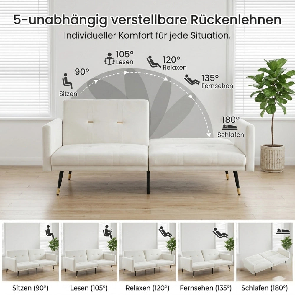 Divano letto 2 posti in velluto con schienali regolabili separatamente 5 posizioni beige 164 × 89 × 70 cm