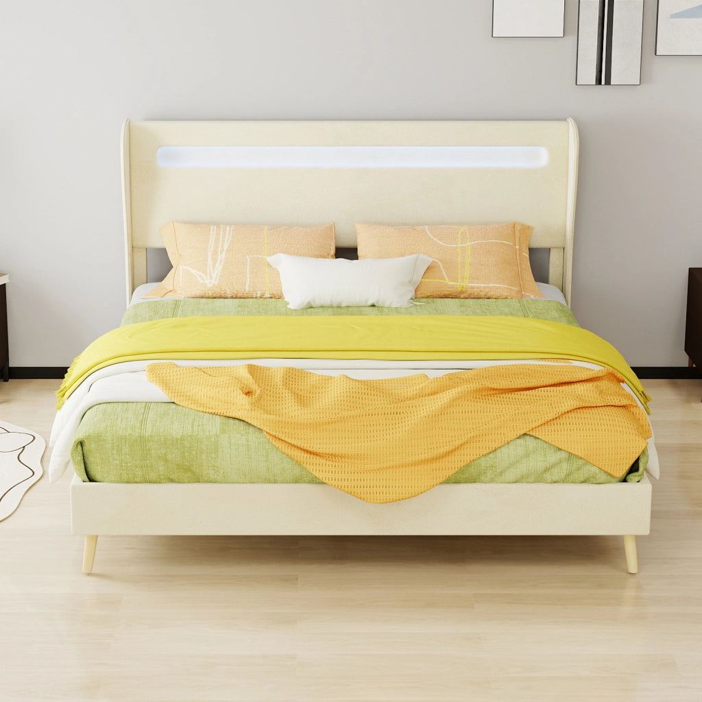 DESMIU Lit simple 160 × 200 cm con LED regolabile e schienale regolabile, senza materasso, in tessuto, beige