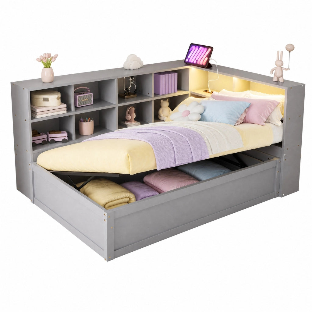 Letto multifunzione 90x200 cm in legno grigio con presa integrata; LED e vani contenitore
