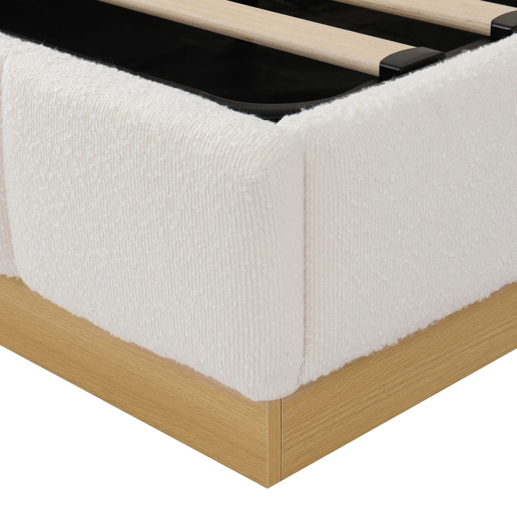Letto matrimoniale con contenitore 180x200 cm; testiera imbottita in bouclé bianco con LED