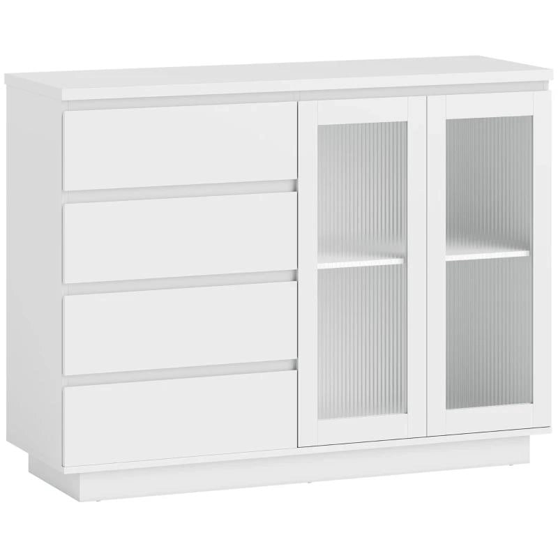CREDENZA BUFFET IN LEGNO CON 4 CASSETTI E ARMADIETTO CON ANTE IN VETRO E RIPIANI REGOLABILI, 120X40X91 CM, BIANCO