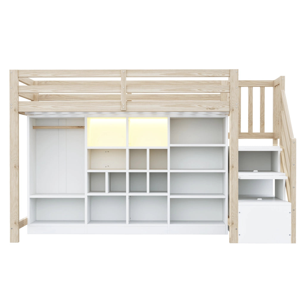 Hochbett 90x200 cm in legno con contenitore; LED integrata e scala laterale; bianco e naturale
